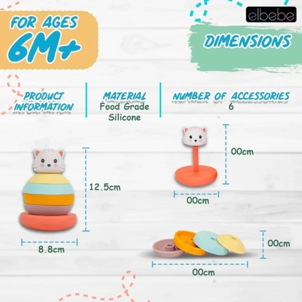 Elbebe Silicone Stackable Animal (Cat) BPA Free 6 Months-4 Years Montessori Toy‎